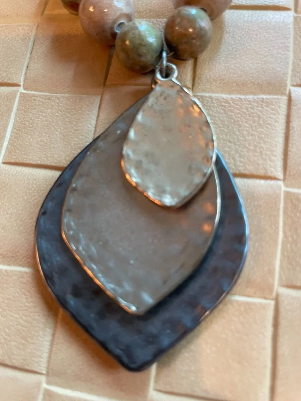 Handcrafted Necklace with Beads and Metal Brown 11 1/2